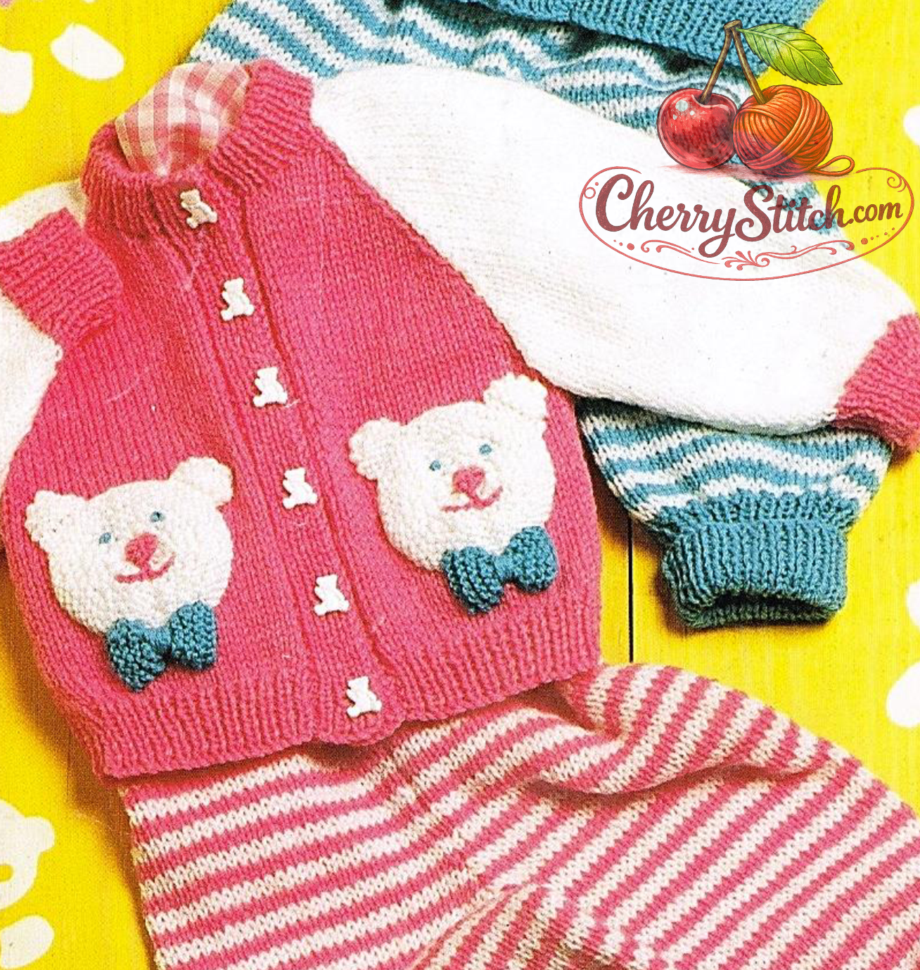 Close-up of knitted teddy motif face detail on vintage 1980s baby cardigan knitting pattern. Restored novelty design — cute teddy faces sewn on fronts, crew and V-neck versions, DK yarn.
