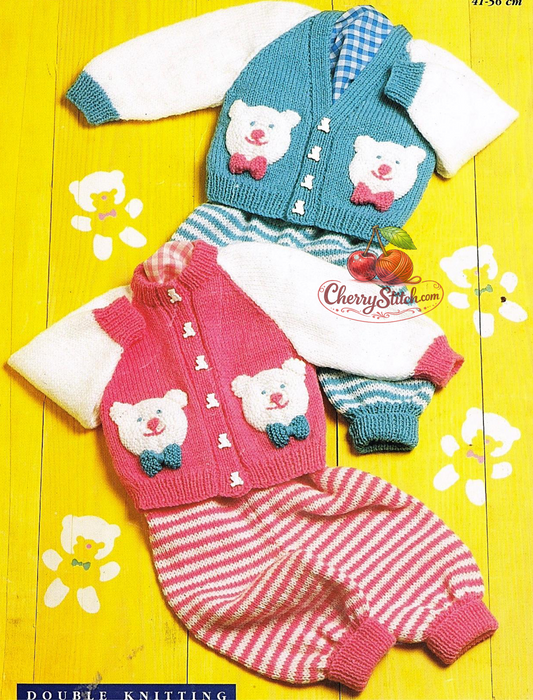 Vintage 1980s baby boy girl cardigan and leggings knitting pattern. Crew neck and V-neck cardigan with knitted teddy motif faces sewn on both fronts, with matching striped leggings. DK yarn, 16''–22'' (41–56 cm) chest, approx. 0–6 months – 6–12 months – 1–2 years and 2–3 years. Intermediate knitting.