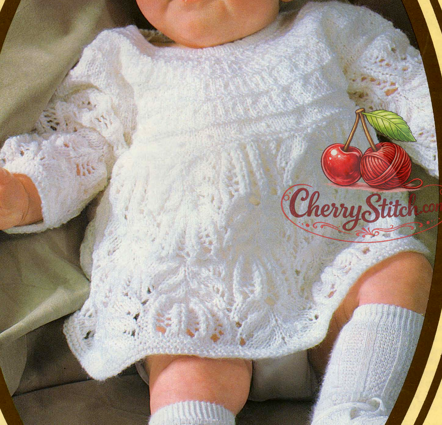 Close-up of Frost Flower lace stitch detail on vintage 1980s baby angel top knitting pattern. Restored heirloom christening design — delicate all-over lace, 3ply yarn.