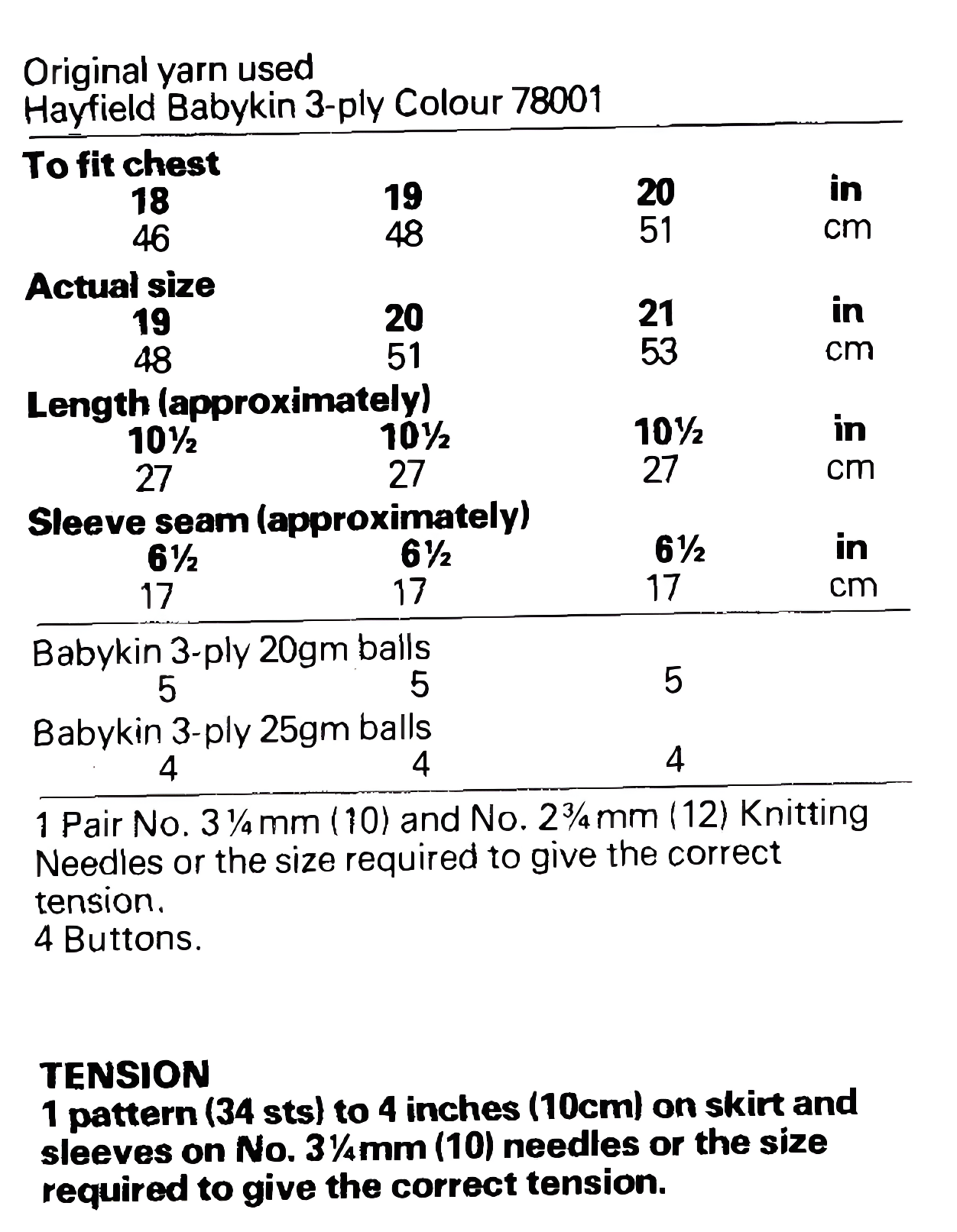 Materials and measurements for vintage 1980s baby angel top knitting pattern — Frost Flower lace, christening heirloom, 3ply yarn, 18''–20'' (46–51 cm) chest, approx. 6–12 months.