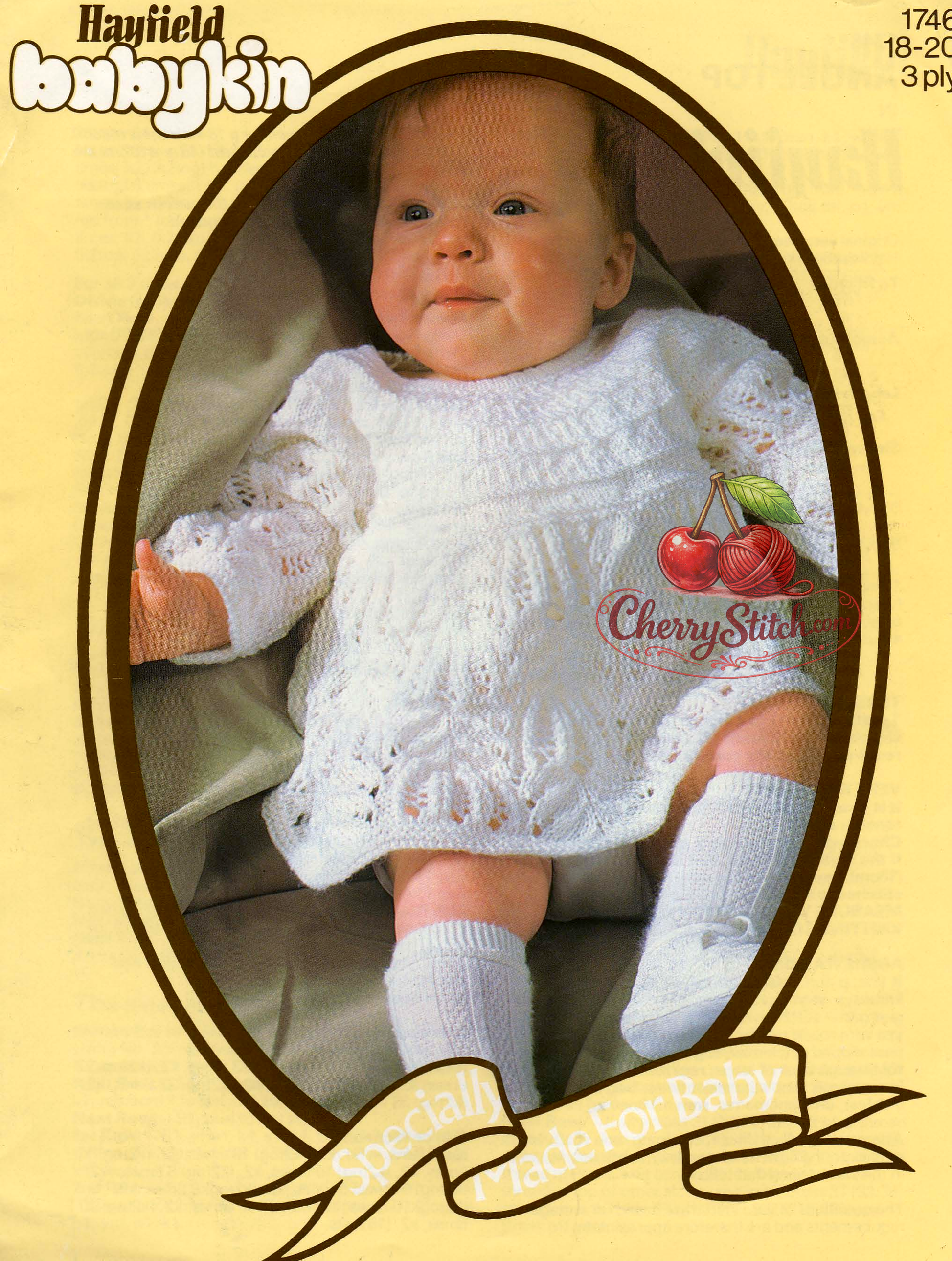 Vintage 1980s baby angel top knitting pattern. Exquisite Frost Flower lace throughout — skirt knitted in one piece to armholes, adjustable length. Perfect for christenings and special occasions. 3ply yarn, 18''–20'' (46–51 cm) chest, approx. 6 months – 9 months and 12 months. Intermediate knitting.