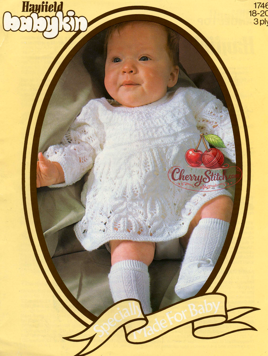 Vintage 1980s baby angel top knitting pattern. Exquisite Frost Flower lace throughout — skirt knitted in one piece to armholes, adjustable length. Perfect for christenings and special occasions. 3ply yarn, 18''–20'' (46–51 cm) chest, approx. 6 months – 9 months and 12 months. Intermediate knitting.