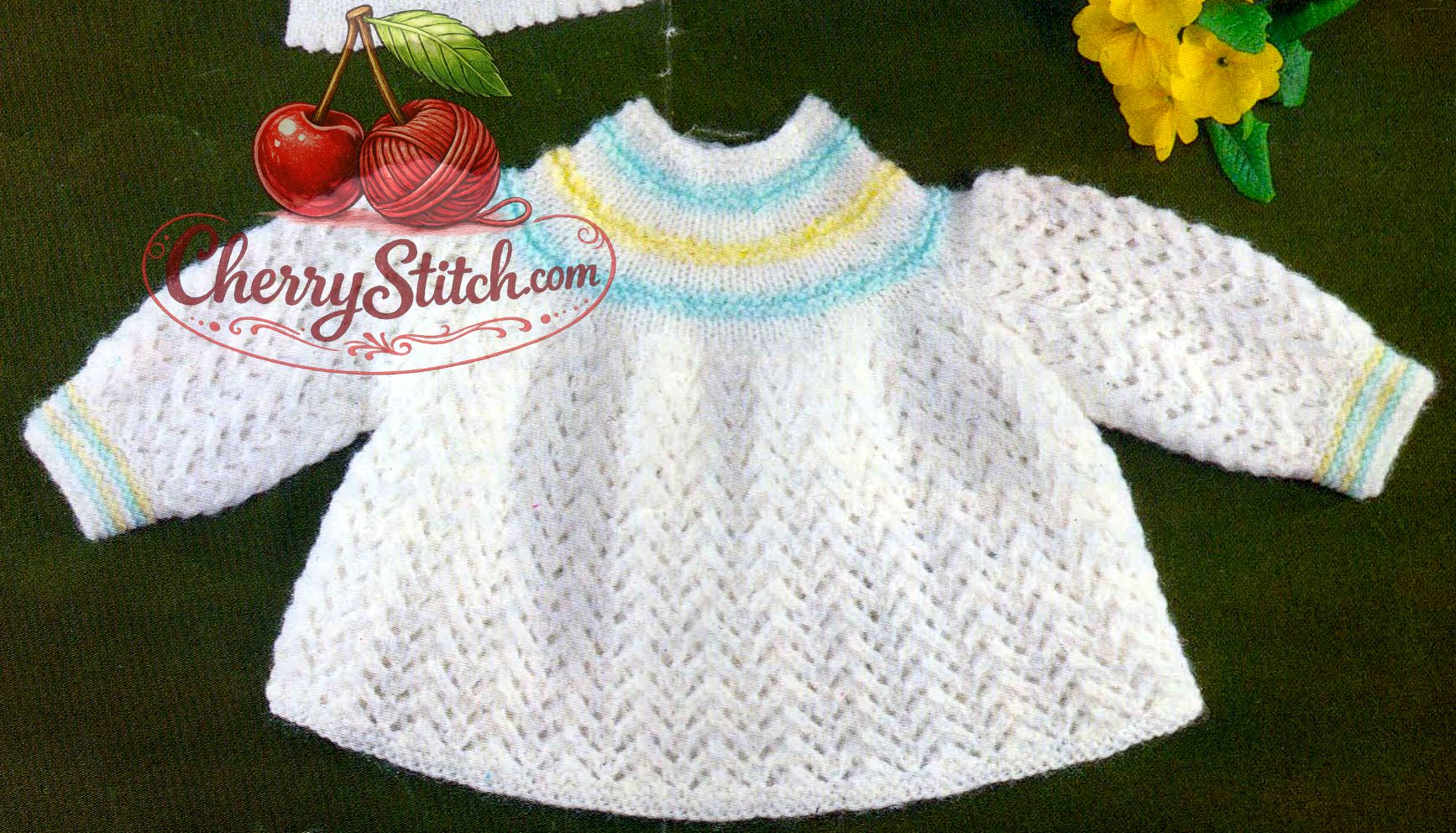 Close-up of knitted baby angel top in lace stitch – restored vintage 1970s pattern in DK, QK and 4-ply