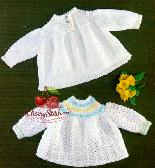 Vintage 1970s baby angel tops knitting pattern – 2 designs in stockinette and lace stitch, DK, Quick Knit and 4-ply