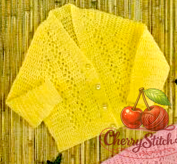 Close-up of vintage 1980s baby yellow V-neck crochet cardigan