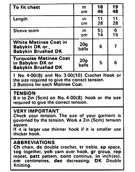 Materials, measurements and yarn requirements for vintage 1980s baby crochet cardigan pattern