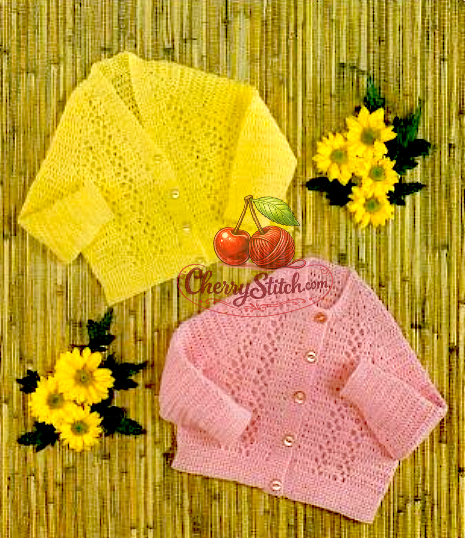 Two vintage 1980s baby crochet cardigans – V-neck and round neck raglan styles with lacy front panels