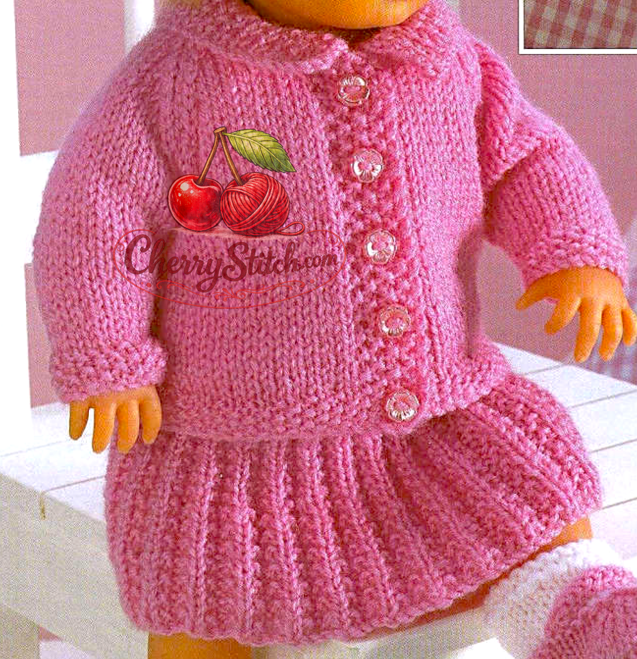 Detail of vintage 1980s doll clothes knitting pattern — 6-piece outfit with cardigan, skirt, beret, shoes, vest and pants. Restored charming design, DK yarn, also fits premature baby.