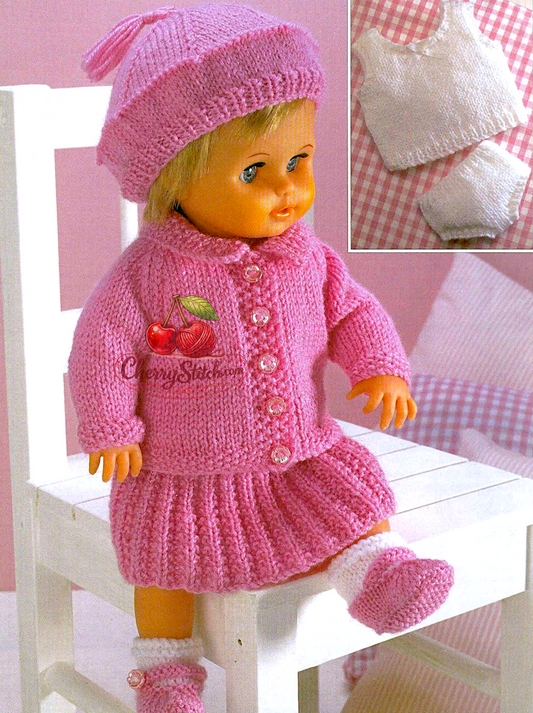 Vintage 1980s doll clothes knitting pattern. 6-piece outfit including cardigan, skirt, beret, shoes/socks, vest and pants. Also suitable for premature baby. DK yarn, fits doll height 12''–22'' (31–56 cm). Easy knitting.