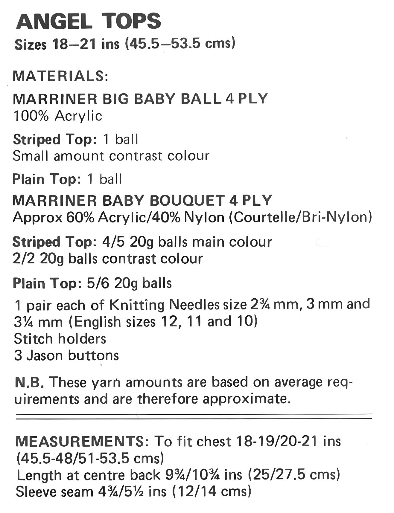 Materials and measurements for vintage 1970s baby angel top knitting pattern — 2 lacy designs, 4ply yarn, 18''–21'' (45.5–53.5 cm) chest, approx. 6 months and 12 months.