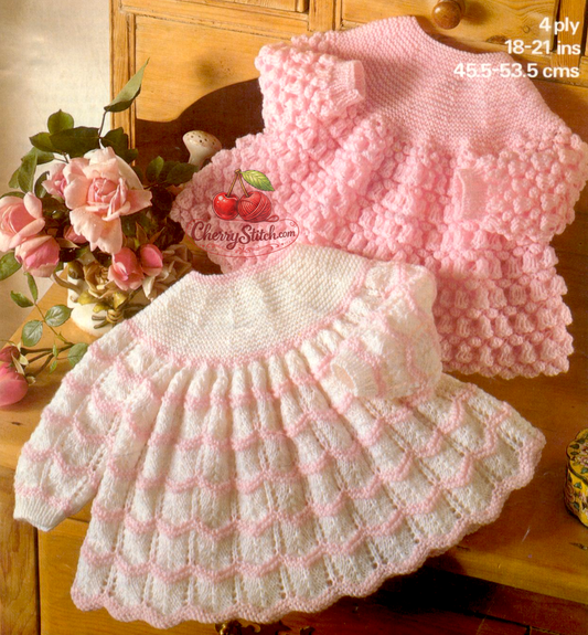 Vintage 1970s baby angel top knitting pattern — 2 lacy designs to choose from. Light, airy and delicate, both in 4ply yarn. 18''–21'' (45.5–53.5 cm) chest, approx. 6 months and 12 months. Intermediate knitting.