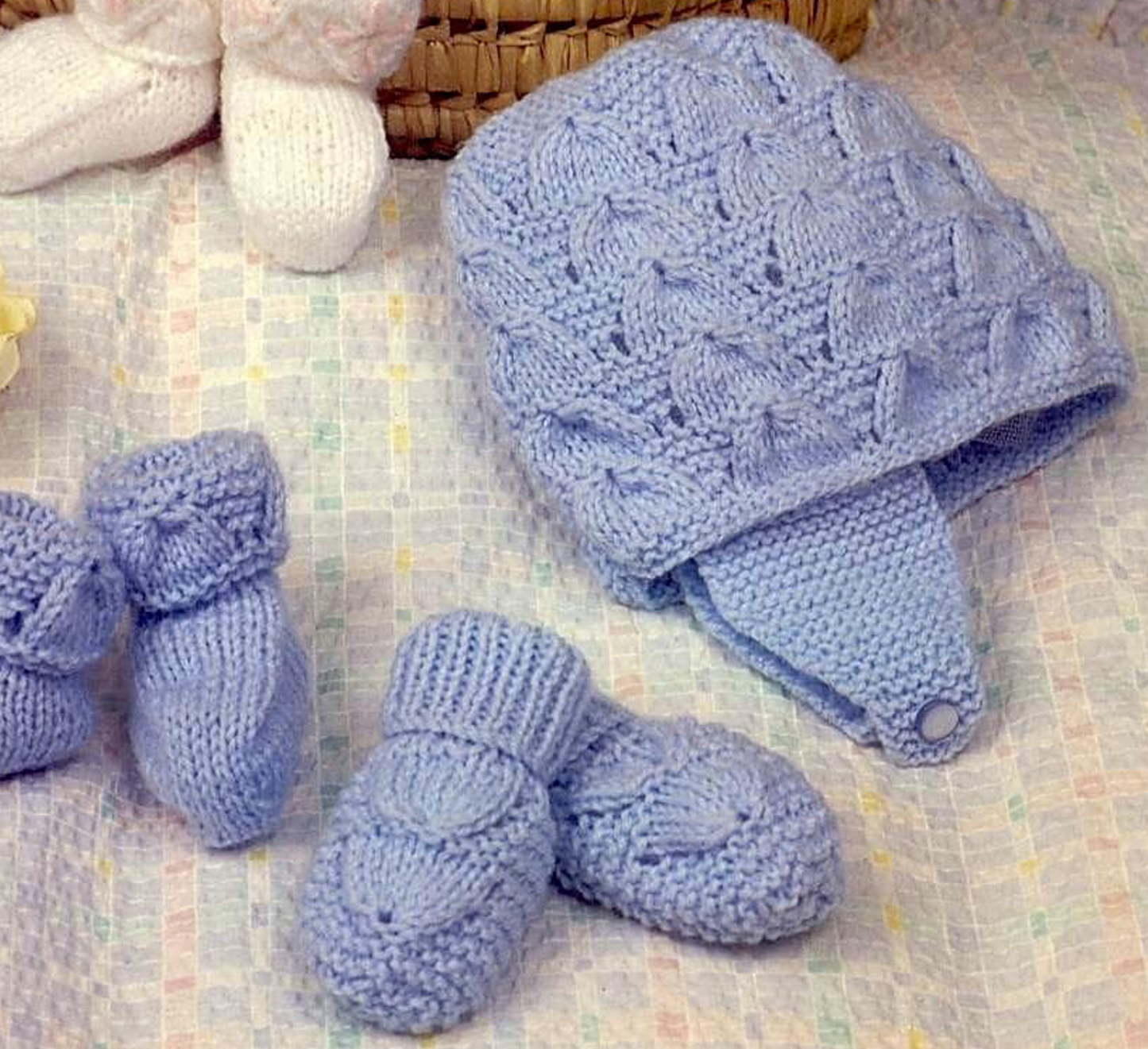 Detail of vintage 1970s blue set - baby hat, mitts and bootees knitting pattern — 2 sets for baby boy and girl. Restored large print design, cap, bonnet, mittens and slippers, DK yarn.