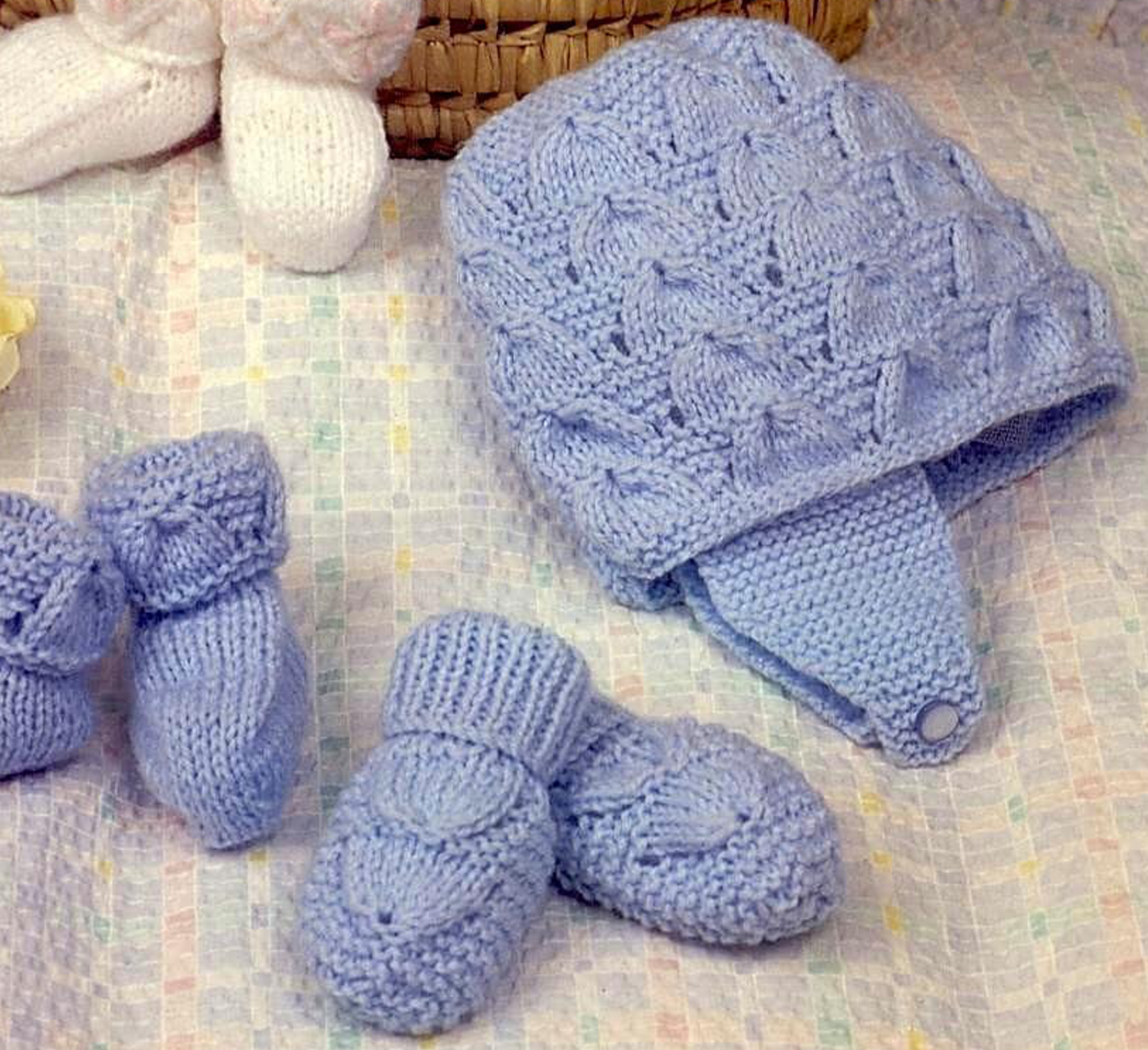 Detail of vintage 1970s blue set - baby hat, mitts and bootees knitting pattern — 2 sets for baby boy and girl. Restored large print design, cap, bonnet, mittens and slippers, DK yarn.