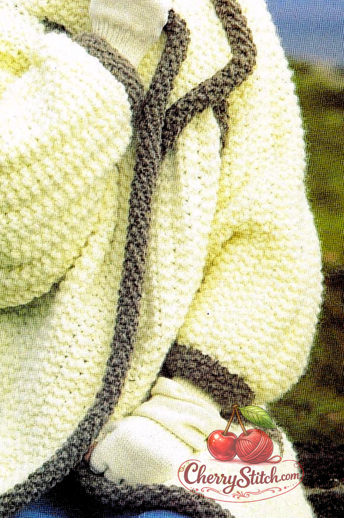 Detail of vintage 1970s women's chunky coat knitting pattern — textured super chunky yarn, raglan sleeves, pockets and warm collar. Restored retro design, open front, 30''–40''.

