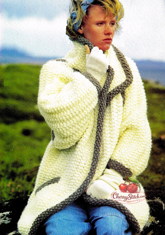 Vintage 1970s women's chunky knit long coat knitting pattern. Raglan sleeves, deep pockets, warm collar and open front — no buttons. Super chunky yarn, sizes 30''–40'' (76–102 cm) chest. Intermediate knitting.