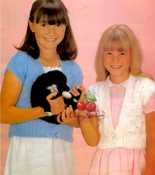 Vintage girls' chunky waistcoat knitting pattern — 2 designs, plain and patterned. Deep V-neck, ribbed hem, two-button fastening. Large print pattern, chunky yarn, 22''–32'' (56–81 cm) chest, approx. 2–12 years. Easy knitting.