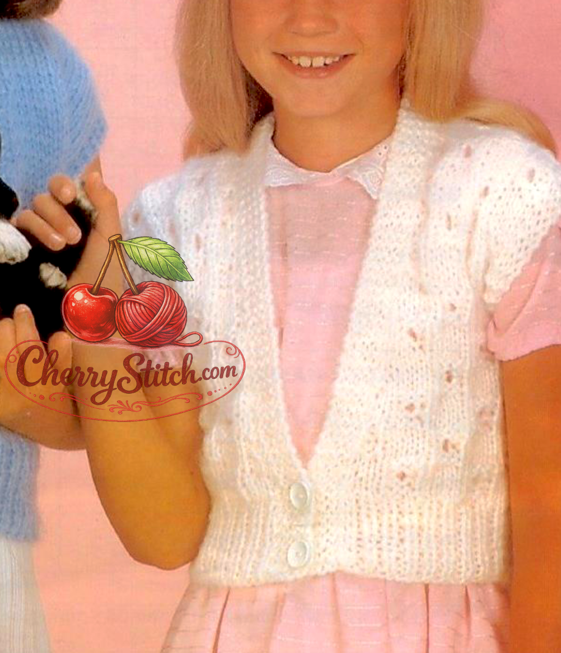 Patterned version of vintage girls' chunky waistcoat knitting pattern. Deep V-neck, ribbed hem, two-button fastening. Restored large print design, chunky yarn, 22''–32'', approx. 2–12 years.