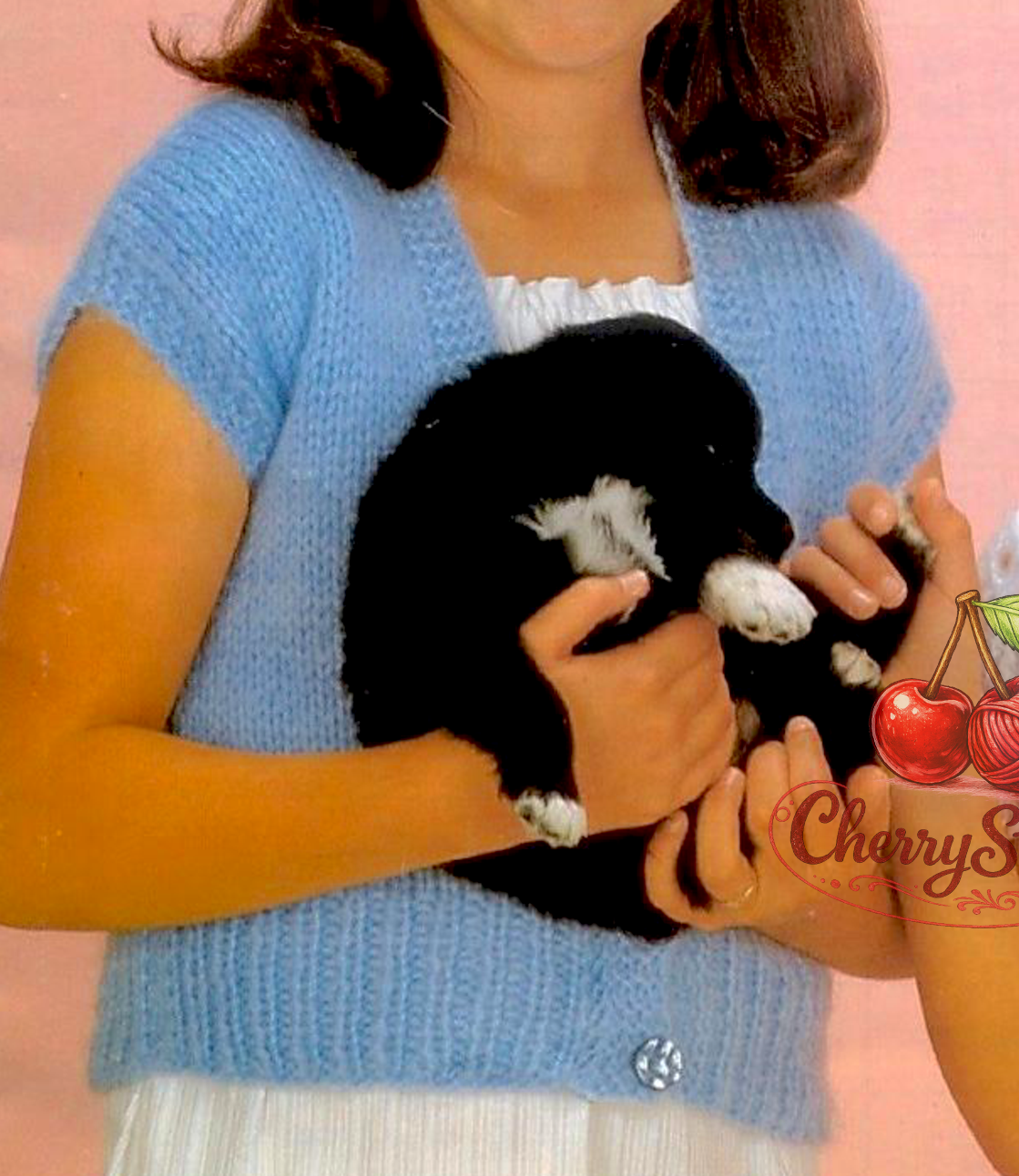 Plain version of vintage girls' chunky waistcoat knitting pattern. Deep V-neck, ribbed hem, two-button fastening. Restored large print design, chunky yarn, 22''–32'', approx. 2–12 years.