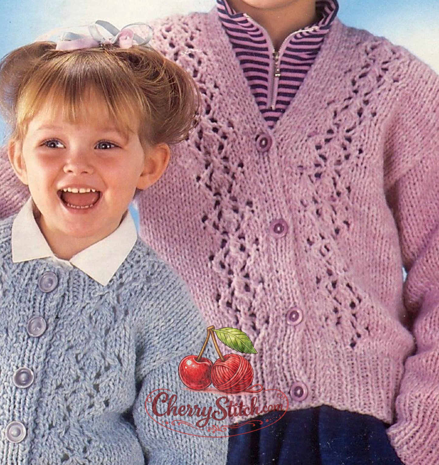 Close-up of lace panel detail on vintage girls' chunky cardigan knitting pattern. Restored design — delicate lace front panels, drop shoulders, round and V-neck options, chunky yarn.