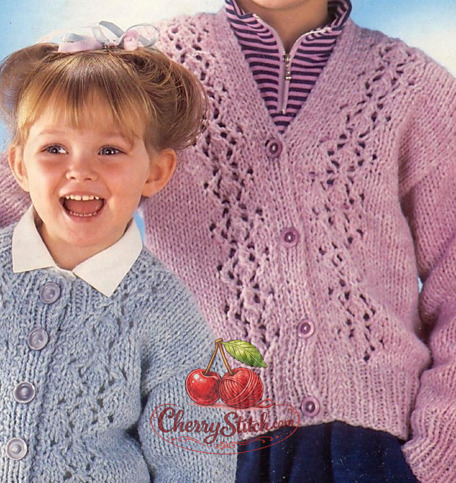 Close-up of lace panel detail on vintage girls' chunky cardigan knitting pattern. Restored design — delicate lace front panels, drop shoulders, round and V-neck options, chunky yarn.