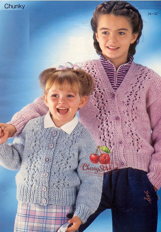 Vintage girls' chunky cardigan knitting pattern — lace panels on the front, round neck and V-neck versions, drop shoulders. Chunky 12ply yarn, 24''–32'' (61–81 cm) chest, approx. 4–12 years. Easy knitting.