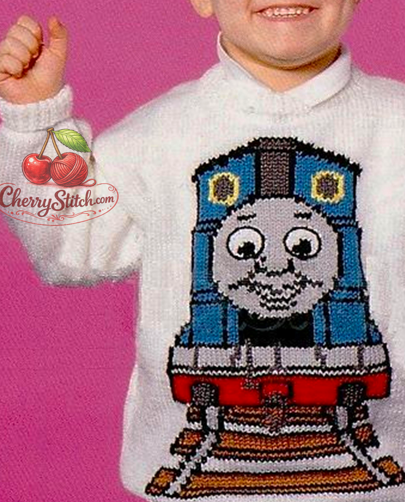 Close-up of Thomas the Tank Engine intarsia motif on vintage picture sweater knitting pattern. Restored charming train design worked from a chart — DK yarn, round neck, drop shoulders, 22''–40''.