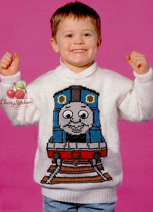 Vintage Thomas the Tank Engine picture sweater knitting pattern. Large train motif worked in intarsia from a chart across the front, simple stocking stitch. Round neck, drop shoulders. DK yarn, 22''–40'' chest, approx. 2 years to adult. Intermediate knitting.