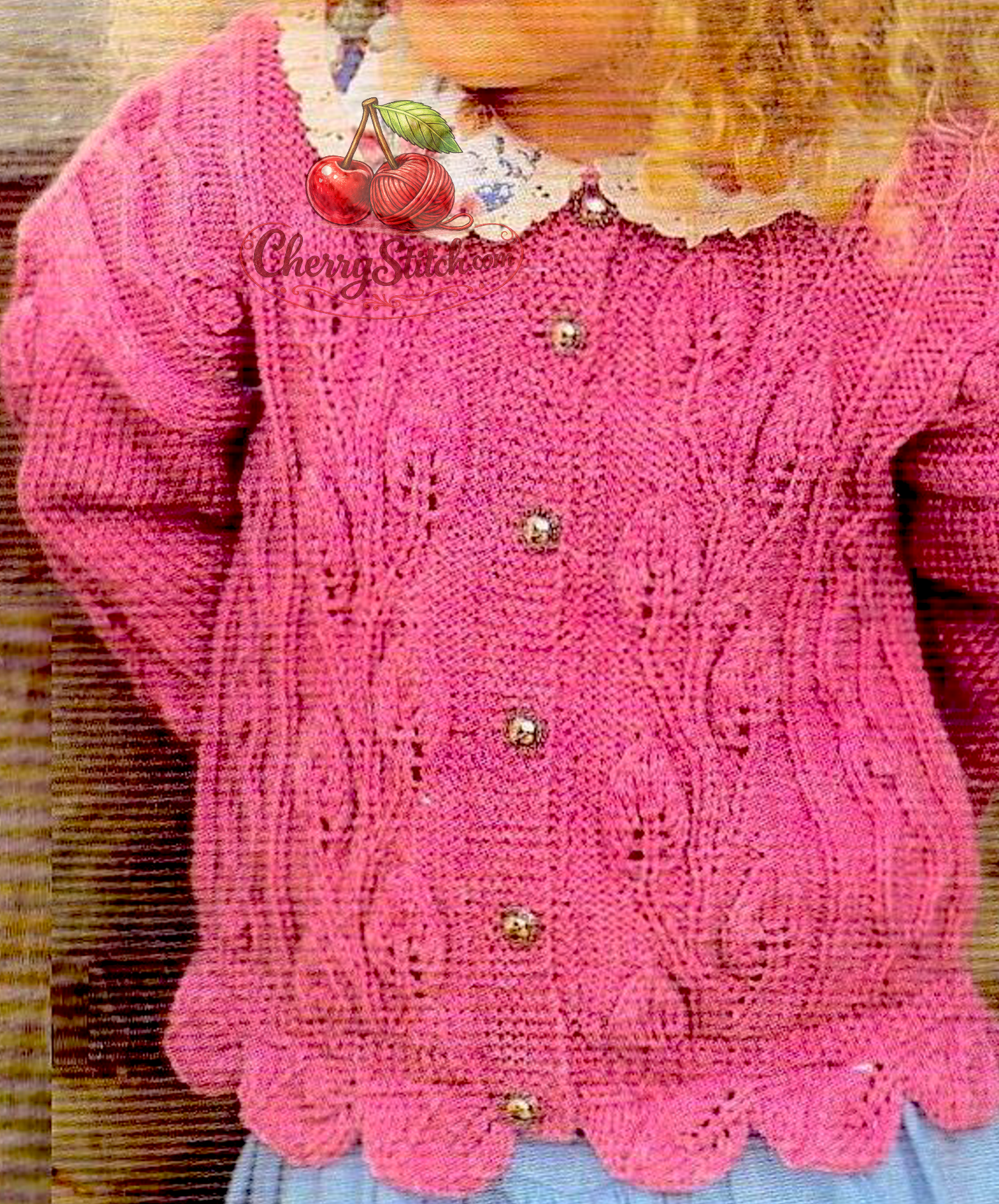 Close-up of leaf-lace and cable panel detail on vintage girls' cardigan knitting pattern. Restored heirloom design — leaf edging at hem, round neck, drop shoulders, DK yarn, 22''–30''.