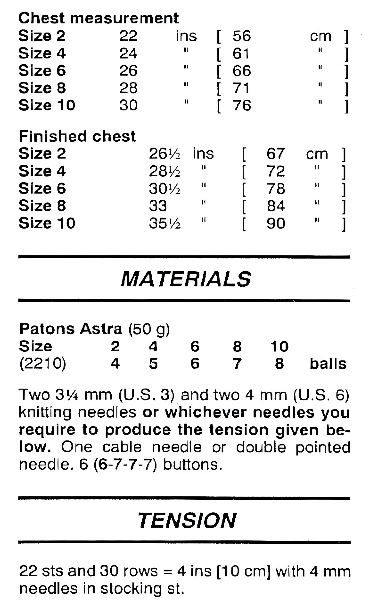 Materials and measurements for vintage girls' cardigan knitting pattern — leaf lace, cable panels, leaf edging, round neck, DK 8ply yarn, 22''–30'' (56–76 cm), approx. 2–10 years.
