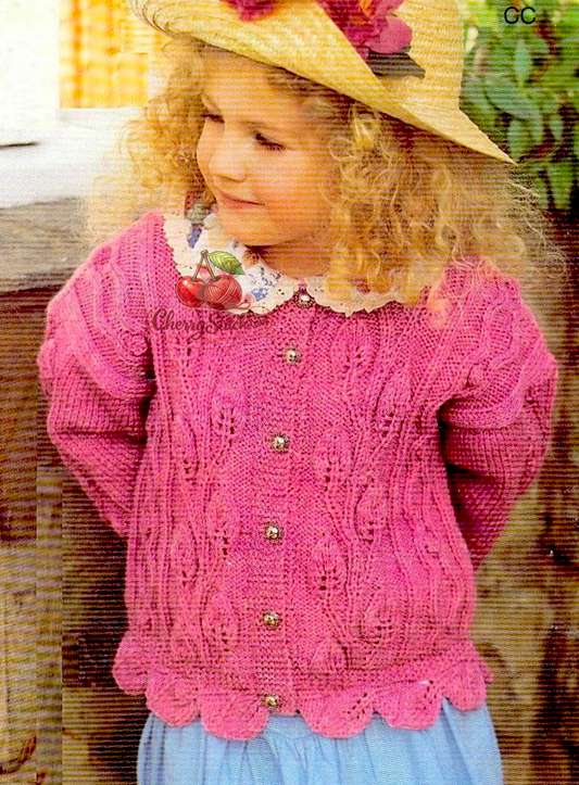 Vintage girls' cardigan knitting pattern — leaf-lace and cable panels on the front with a pretty leaf panel bottom edging. Round neck, drop shoulders. DK 8ply yarn, 22''–30'' (56–76 cm) chest, approx. 2–10 years. Intermediate knitting.