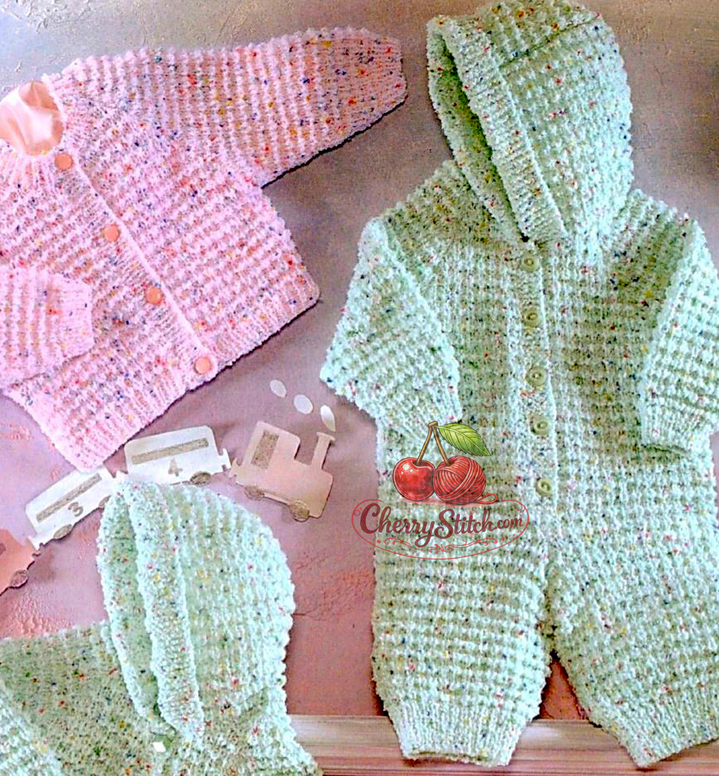 Detail of vintage baby cardigan, hooded jacket and all-in-one romper knitting pattern. Restored large print design — raglan sleeves, round and V-neck options, DK yarn, Birth to 6 years.