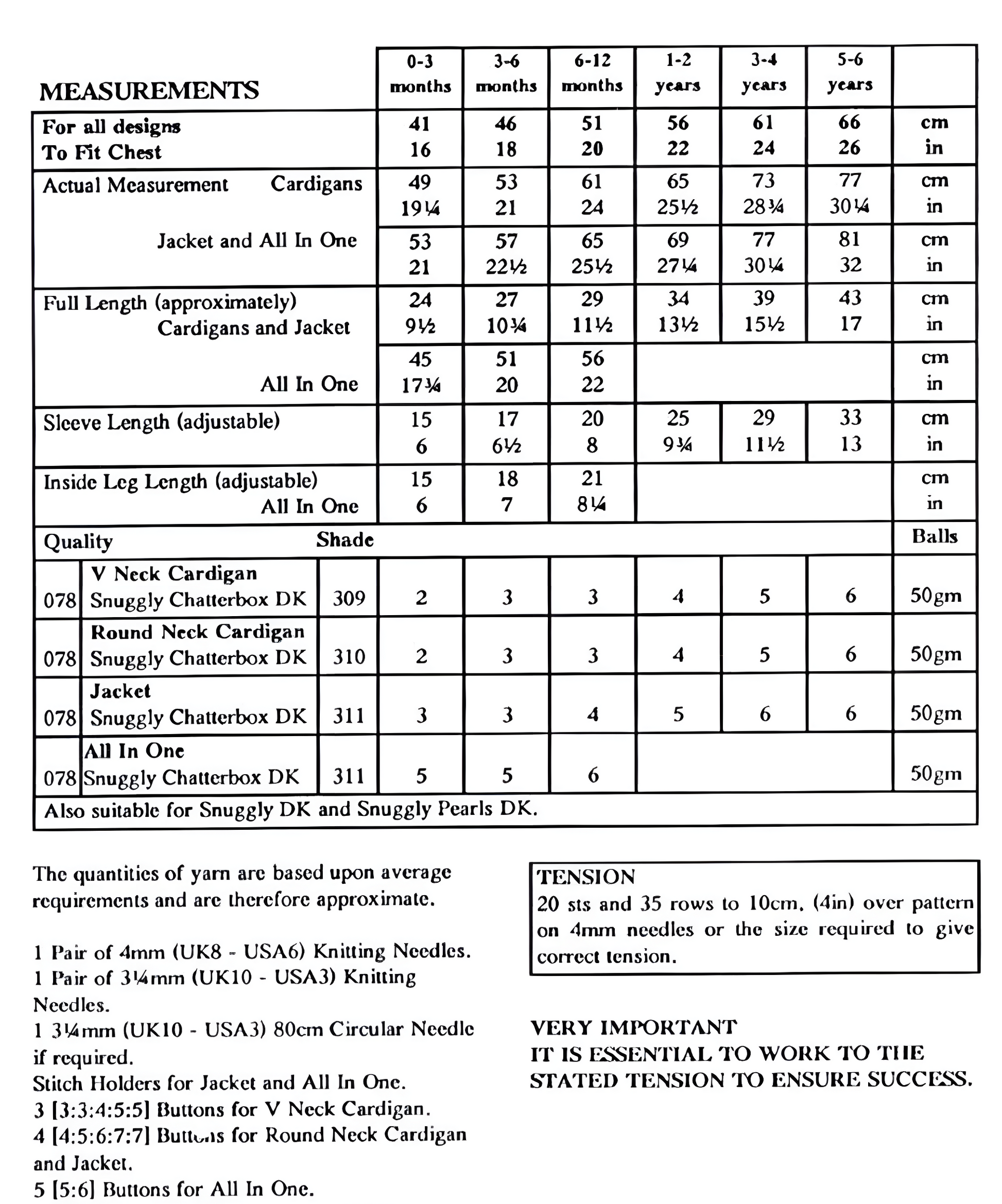 Materials and measurements for vintage baby cardigan, hooded jacket and all-in-one romper knitting pattern — raglan, large print, DK yarn, 16''–26'' (cardigans/jacket) and 16''–20'' (romper).