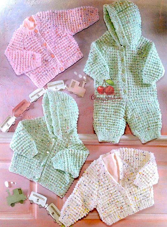 Vintage baby knitting pattern — round neck cardigan, V-neck cardigan, hooded jacket and all-in-one romper. Raglan sleeves, soft textured finish. Large print pattern, DK yarn. Cardigans and jacket 16''–26'' (Birth–6 yrs), romper 16''–20'' (Birth–12 months). Intermediate knitting.