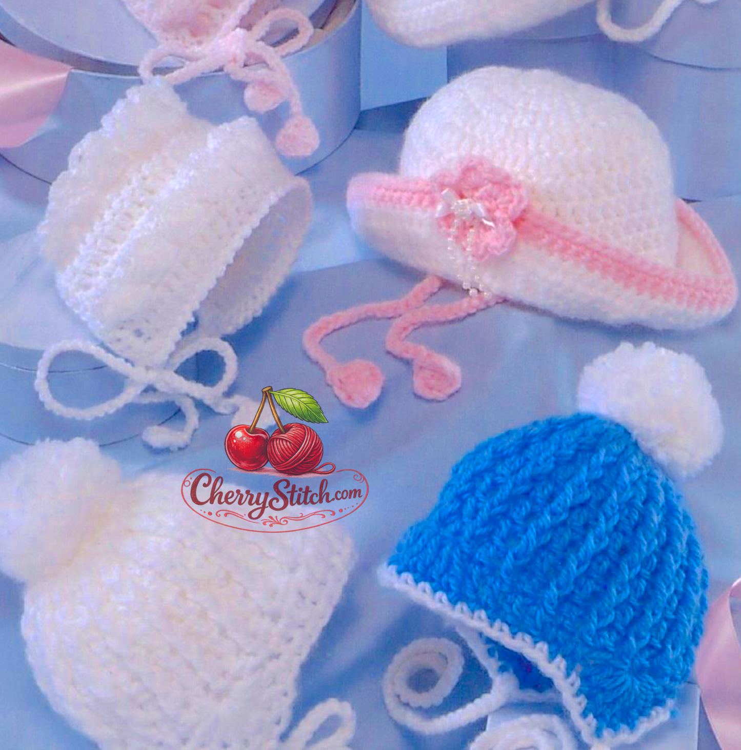 Detail of vintage baby helmet, bonnet and brimmed hat crochet pattern — 6 designs, premature to 2 years. Restored large print design, DK and Aran yarn, UK crochet terms.