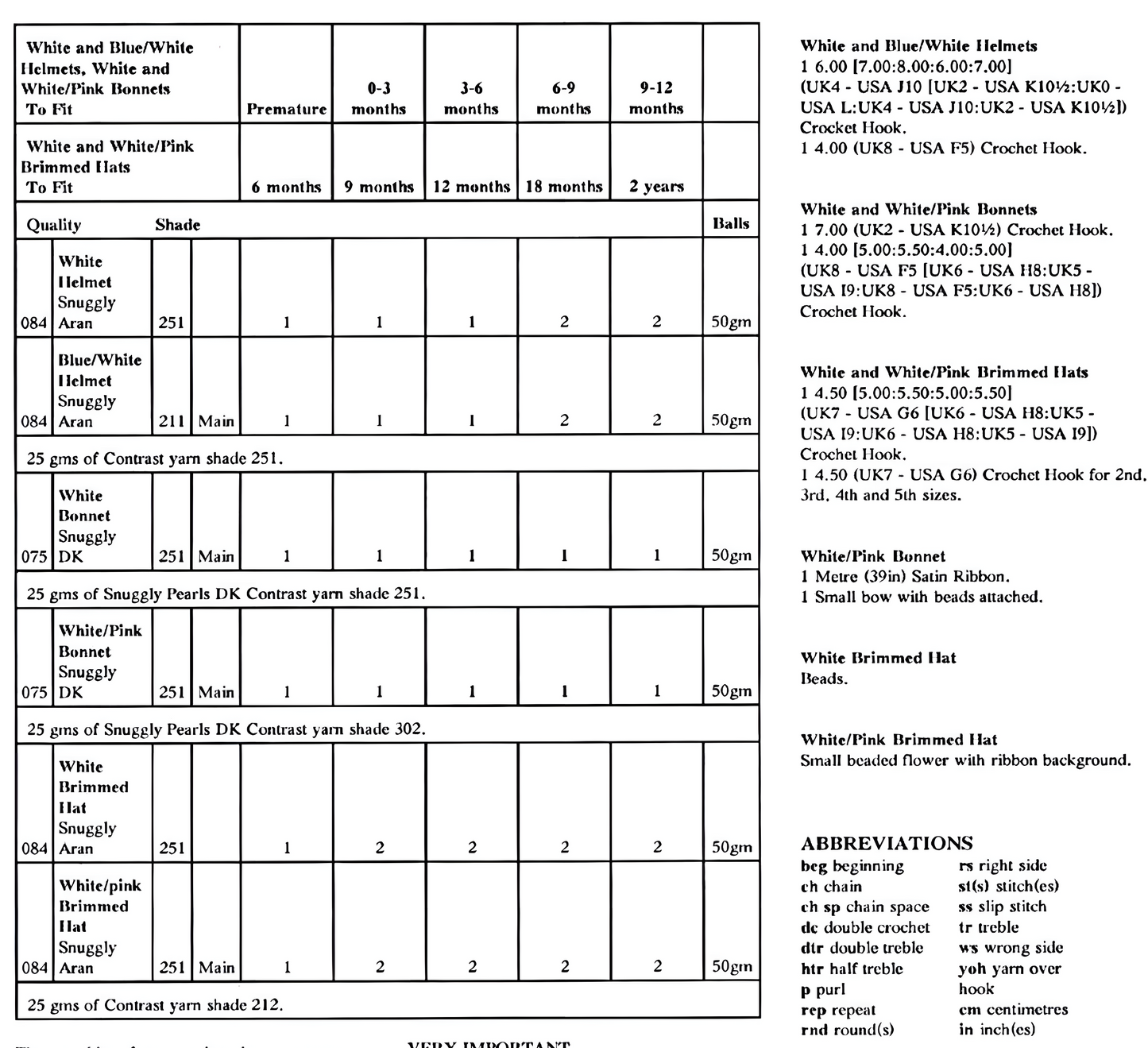 Materials and measurements for vintage baby helmets, bonnets and hats crochet pattern — 6 designs, DK and Aran yarn, large print, UK terms, premature to 2 years.