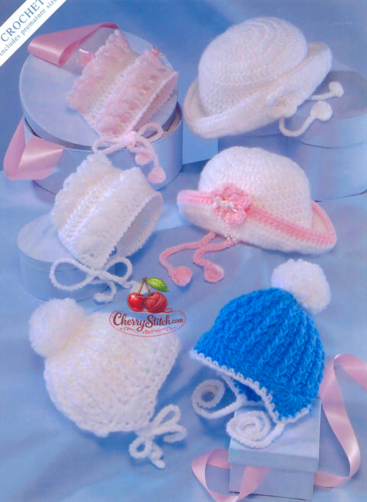 Vintage baby crochet pattern — 6 designs including helmets, bonnets and brimmed hats for baby boy and girl. Premature to 2 years. DK yarn for bonnets, Aran for helmets and brimmed hats. Large print, UK crochet terms. Intermediate crochet.