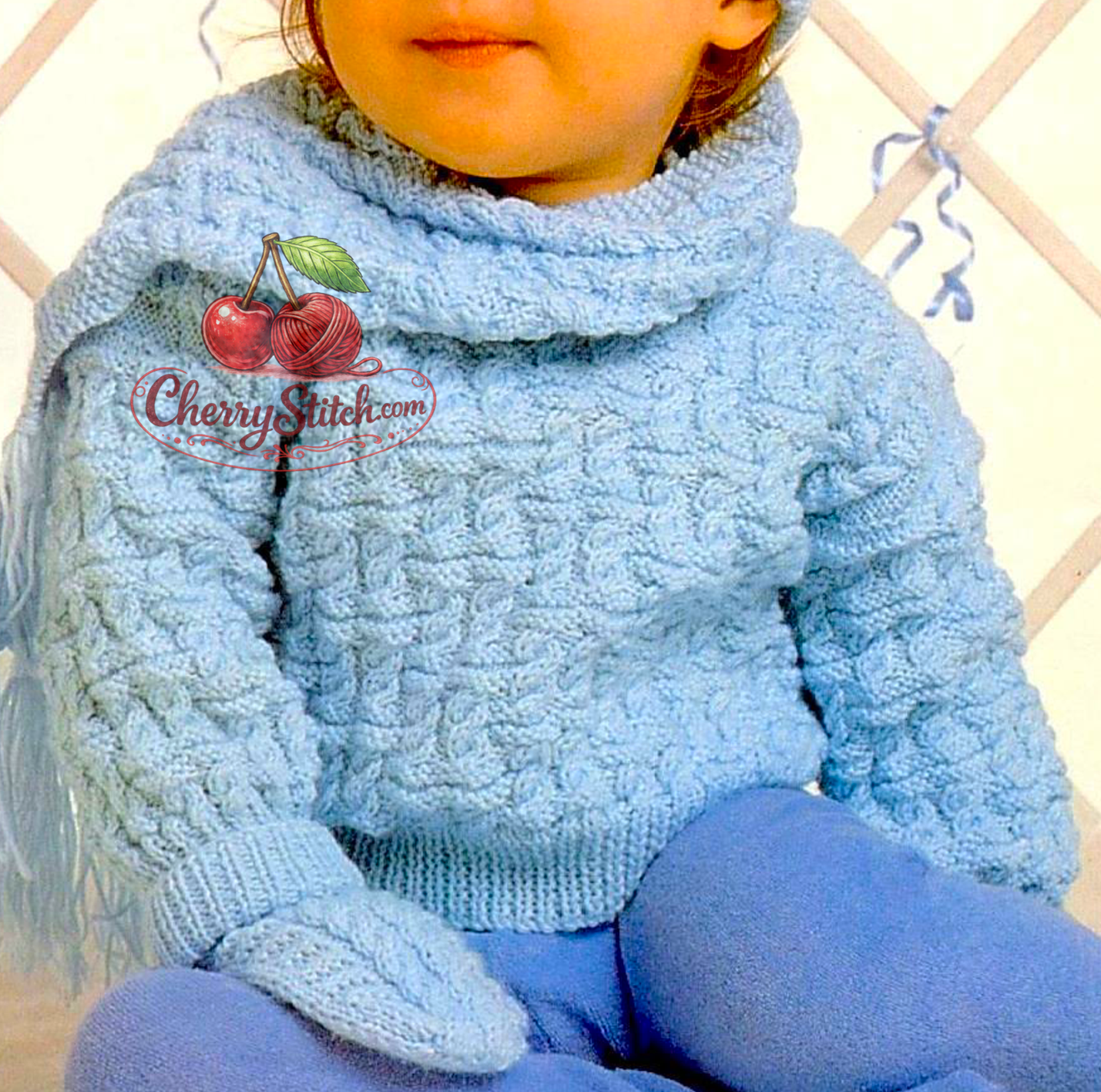 Close-up of cable panel and garter stitch ridge texture on vintage baby sweater, hat, scarf and mittens knitting pattern. Restored cosy design, 4ply yarn, 18''–24'', 6 months–4 years.