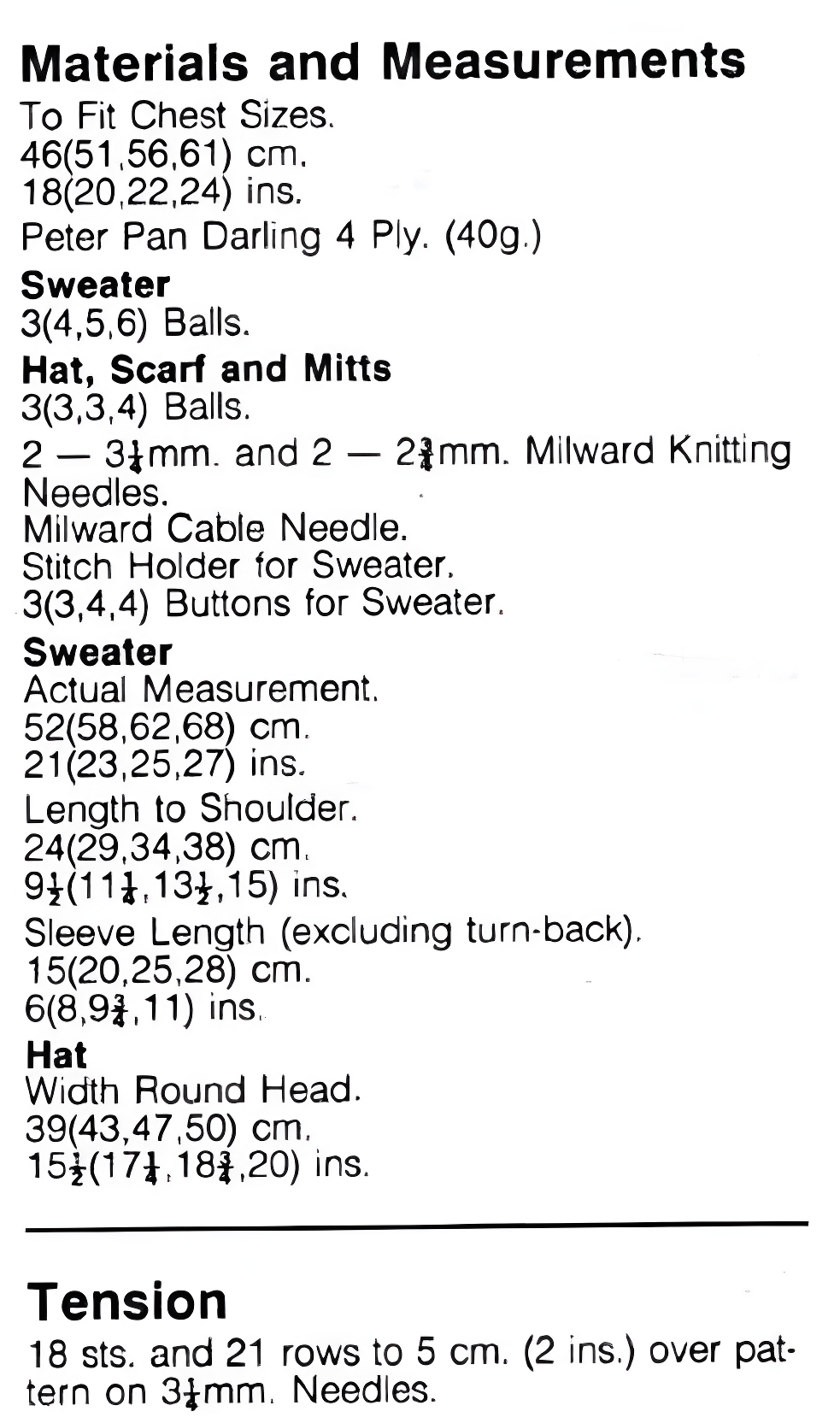 Materials and measurements for vintage baby sweater, hat, scarf and mittens knitting pattern — cable and garter texture, 4ply yarn, 18''–24'' (46–61 cm), approx. 6 months–4 years.