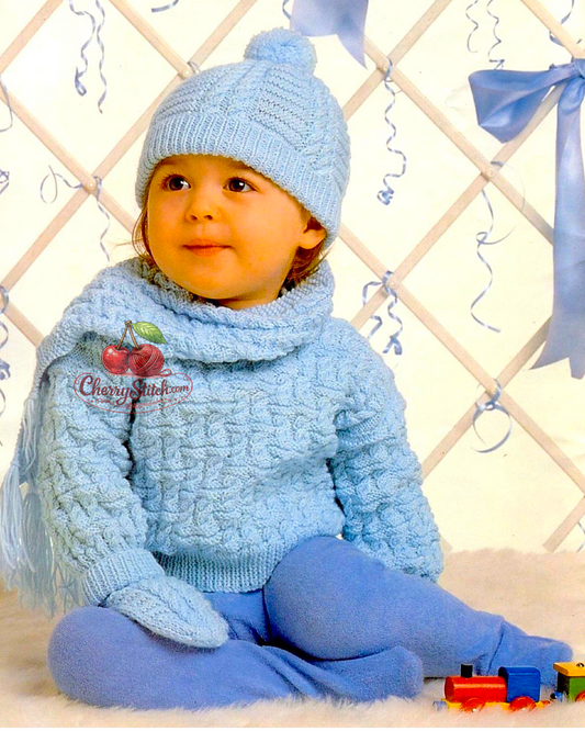 Vintage baby knitting pattern — complete autumn and winter set including sweater, hat, scarf and mittens. Alternating short cable panels and garter stitch ridges throughout. 4ply yarn, 18''–24'' (46–61 cm) chest, approx. 6 months–4 years. Intermediate knitting.