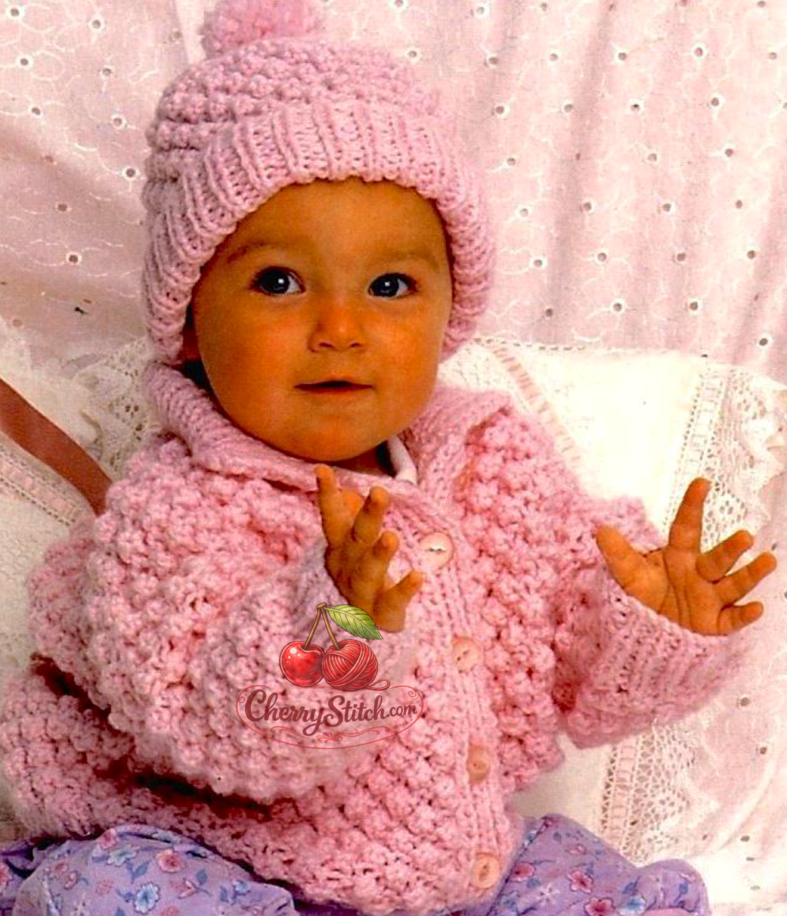 Close-up of blackberry stitch texture on vintage baby jacket and hat knitting pattern. Restored design — raised bobble stitch, collar detail, chunky yarn, 18''–22'', 6 months–2 years.