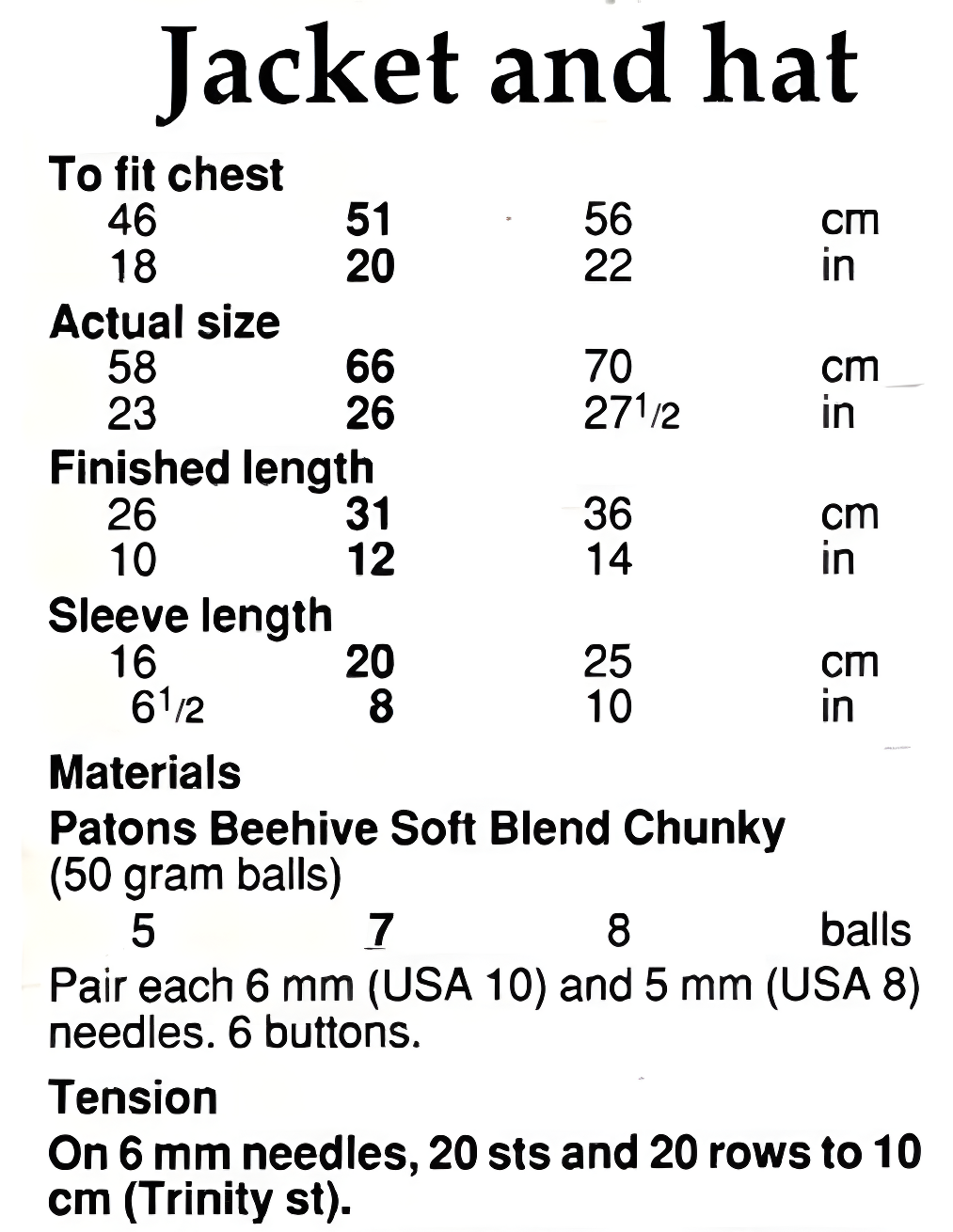 Materials and measurements for vintage baby jacket and hat knitting pattern — blackberry stitch, collar, chunky 12ply yarn, 18''–22'' (46–56 cm), approx. 6 months–2 years.