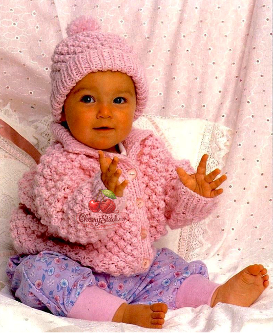 Vintage baby jacket and hat knitting pattern — blackberry stitch throughout, creating raised bumpy bobbles. Jacket with a pretty collar. Chunky 12ply yarn, 18''–22'' (46–56 cm) chest, approx. 6 months–2 years. Intermediate knitting.