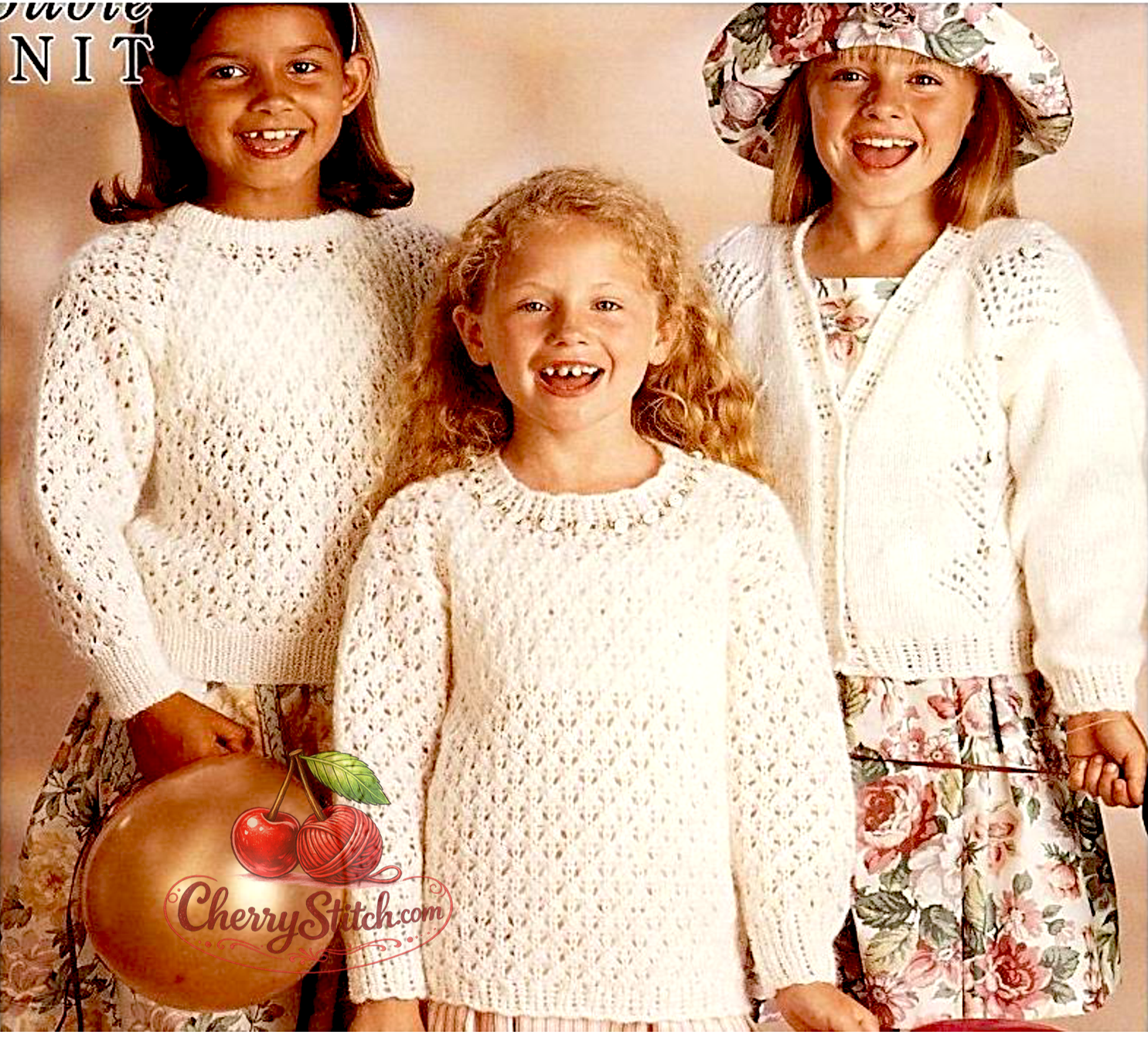 Second view of vintage girls' lacy knitting pattern — 6 occasion wear styles including capes, cardigan, tunic, bolero and sweater. Restored delicate lacy designs, DK yarn, 20''–30'', 1–11 years.