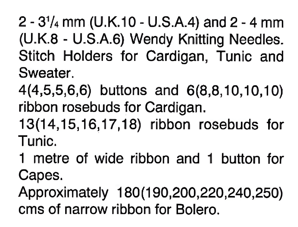 Materials for vintage girls' lacy knitting pattern — 6 styles including cape, cardigan, tunic, bolero and sweater, DK yarn, 20''–30'' (51–76 cm), approx. 1–11 years.

