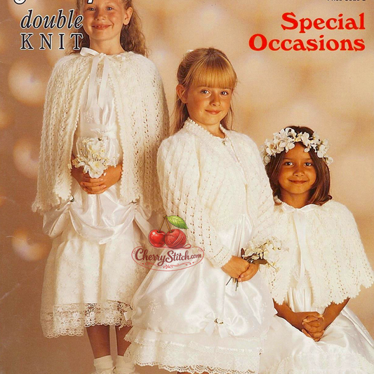 Vintage girls' knitting pattern — 6 elegant lacy styles including long and short capes, cardigan, tunic, sweater and bolero. Perfect for weddings, First Communion and special occasions. DK yarn, 20''–30'' (51–76 cm) chest, approx. 1–11 years. Intermediate knitting.