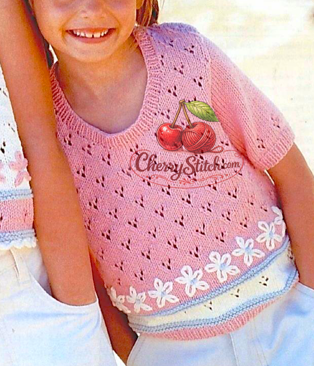 Vintage girls' eyelet lace top knitting pattern. Restored all-over lace design, round neck, large print, DK yarn, 22''–32'', approx. 1–12 years. Perfect for summer and beach.