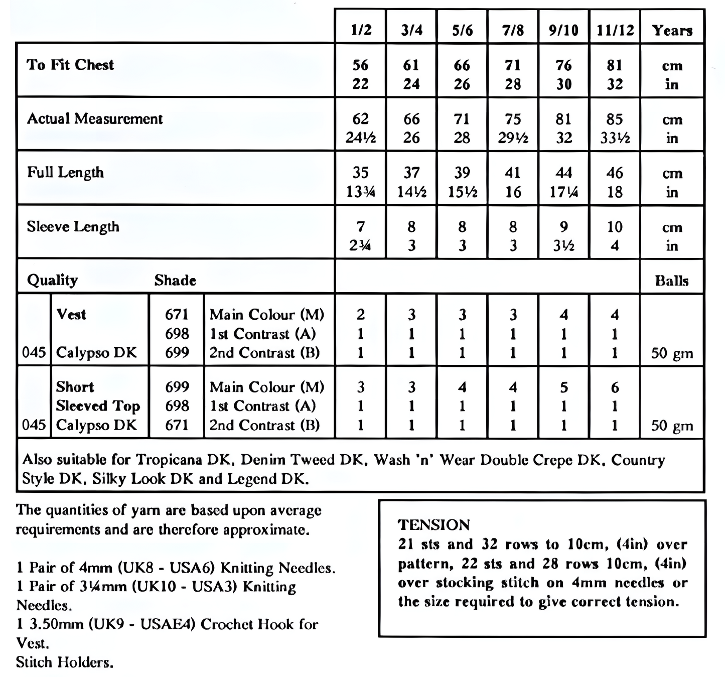 Materials and measurements for vintage girls' eyelet lace top and vest knitting pattern — all-over lace, round neck, large print, DK 8ply yarn, 22''–32'' (56–81 cm), approx. 1–12 years.