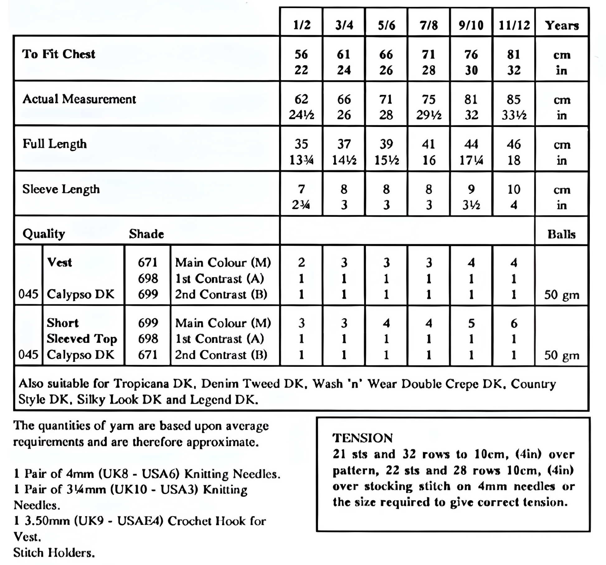 Materials and measurements for vintage girls' eyelet lace top and vest knitting pattern — all-over lace, round neck, large print, DK 8ply yarn, 22''–32'' (56–81 cm), approx. 1–12 years.