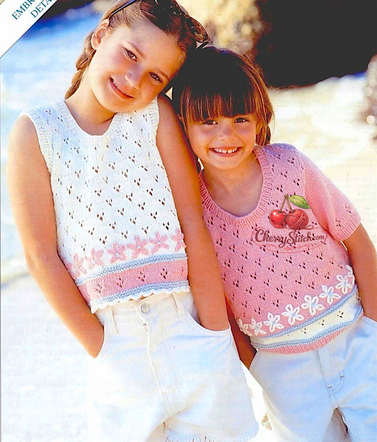 Vintage girls' top and vest knitting pattern — all-over eyelet lace pattern, round neck. Light and airy summer beach design. Large print pattern, DK 8ply yarn, 22''–32'' (56–81 cm) chest, approx. 1–12 years. Intermediate knitting.