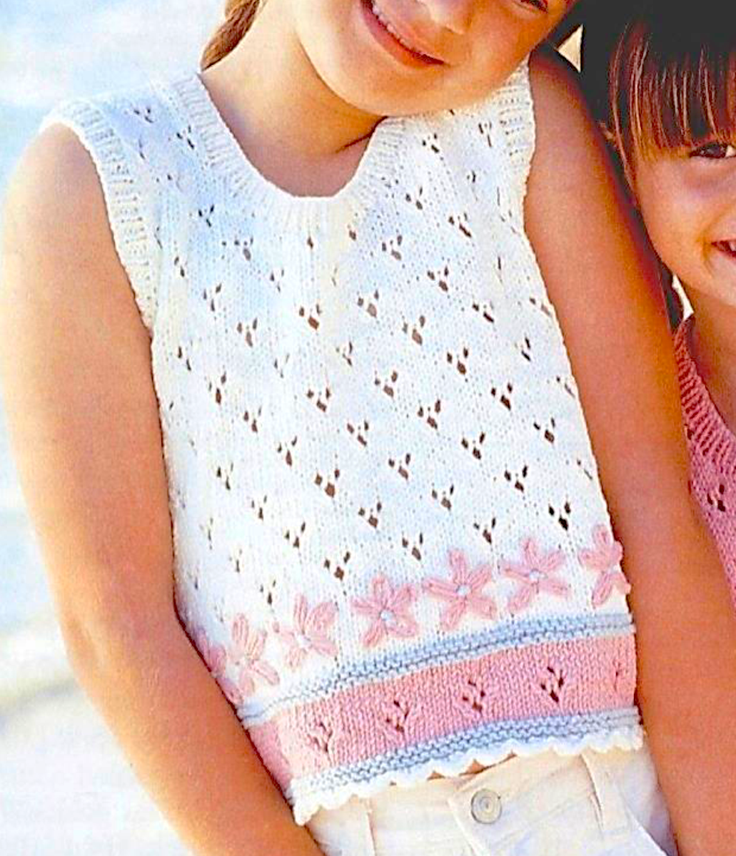 Vintage girls' eyelet lace vest knitting pattern. Restored all-over lace design, round neck, large print, DK yarn, 22''–32'', approx. 1–12 years. Perfect for summer and beach.